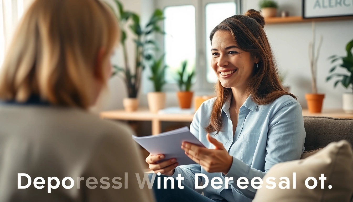 Therapist supporting a patient dealing with depression in a warm and inviting office setting.