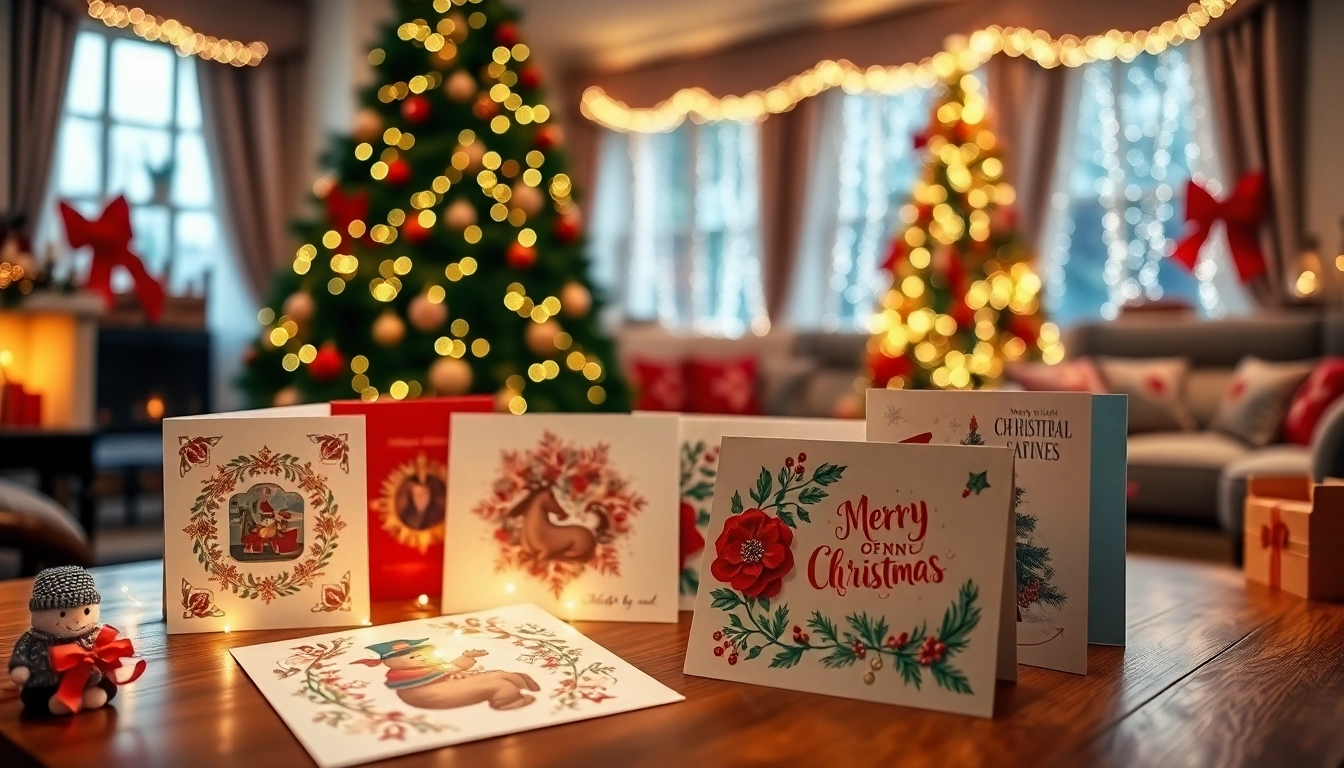 Order Christmas cards online UK with a joyful display of festive card designs on a decorated table.