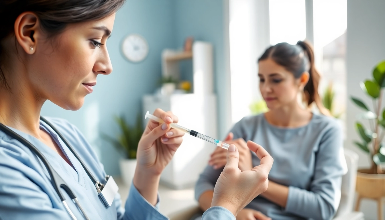 Health professional administering an injection vit b12 in a modern medical office setting.