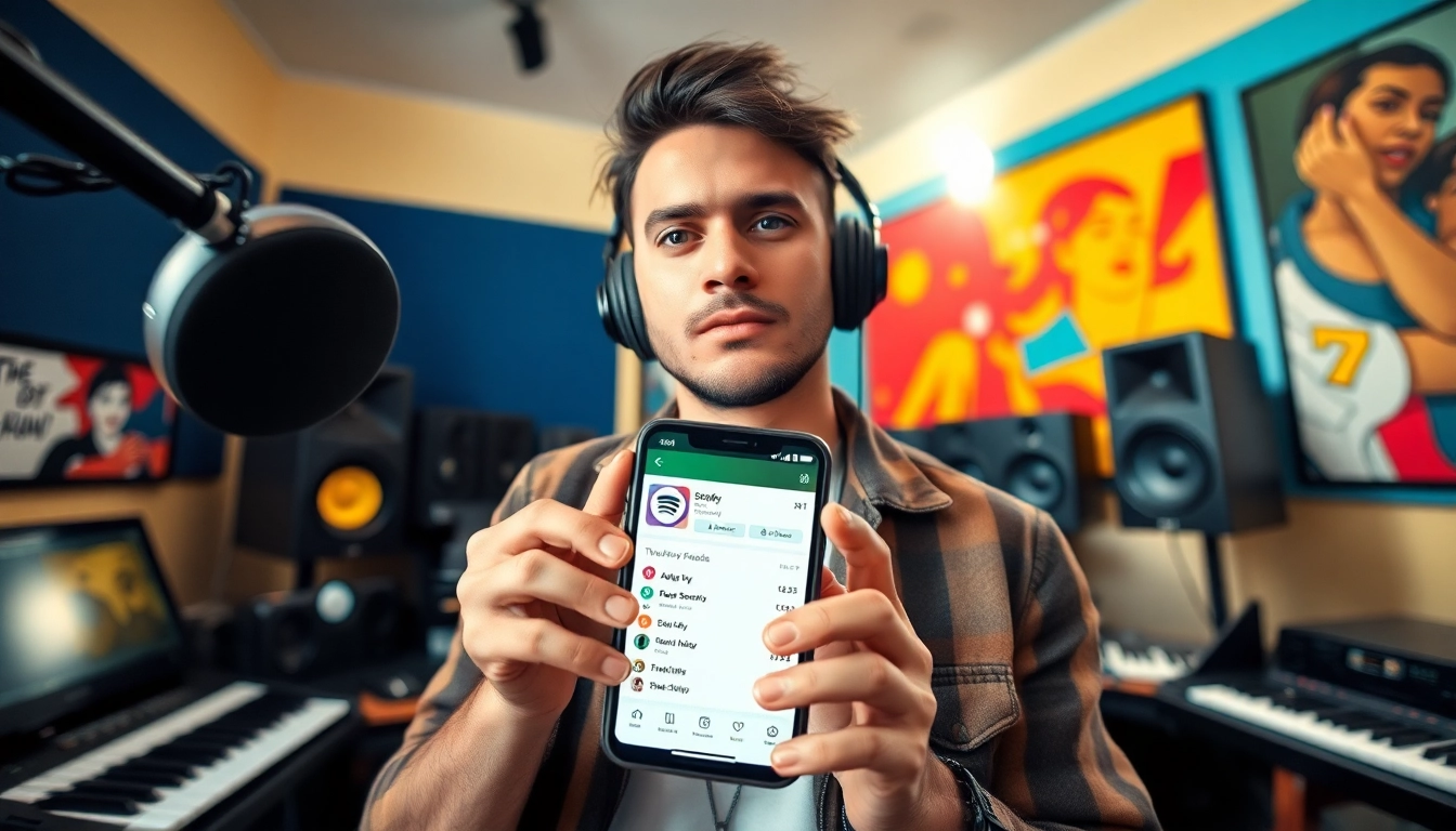 Elevate your spotify promotion with a determined artist in a vibrant studio.