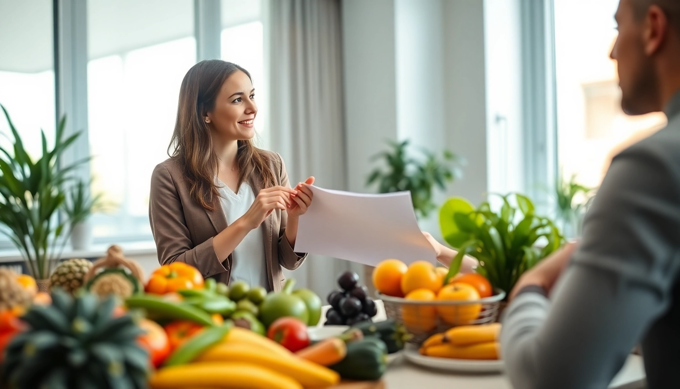 Nutritionist explaining the best diet to lose weight with fresh ingredients and a welcoming atmosphere.