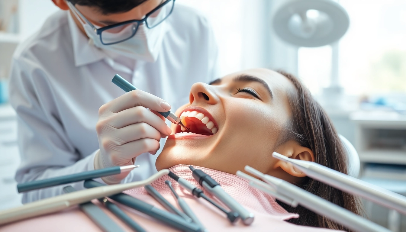 Performing fillings and restorative work in a modern dental office with bright lighting.