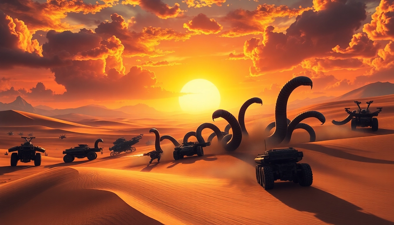 Download Dune 2 game with iconic battle scene showcasing sandworms and armored units.