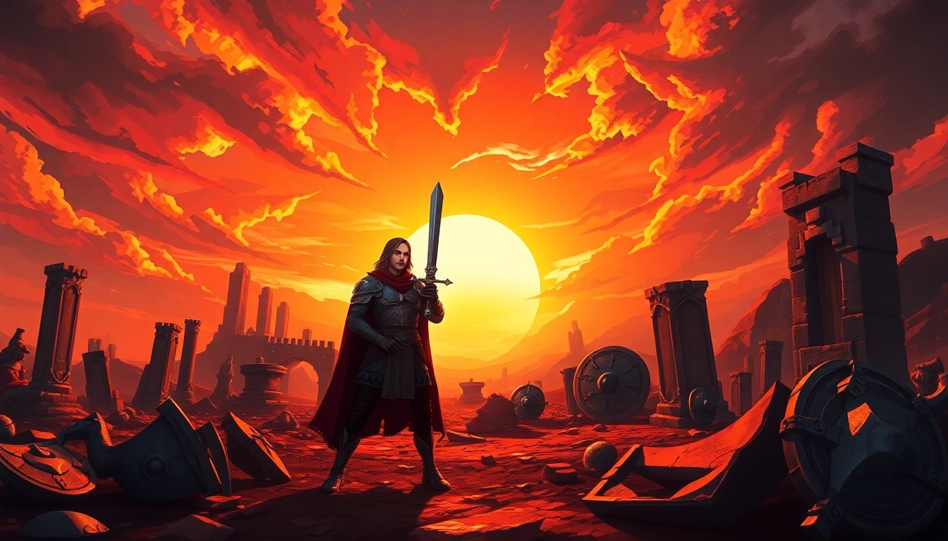 Download Warlords 2 by exploring the heroic character amidst a mystical battlefield scene.
