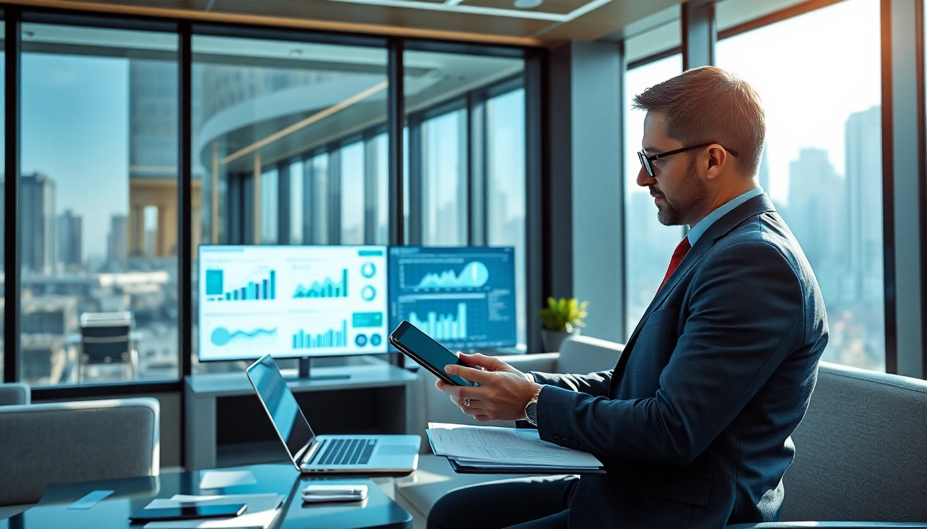 Analyze data for competitive intelligence using AI in a modern office setting with digital graphs.