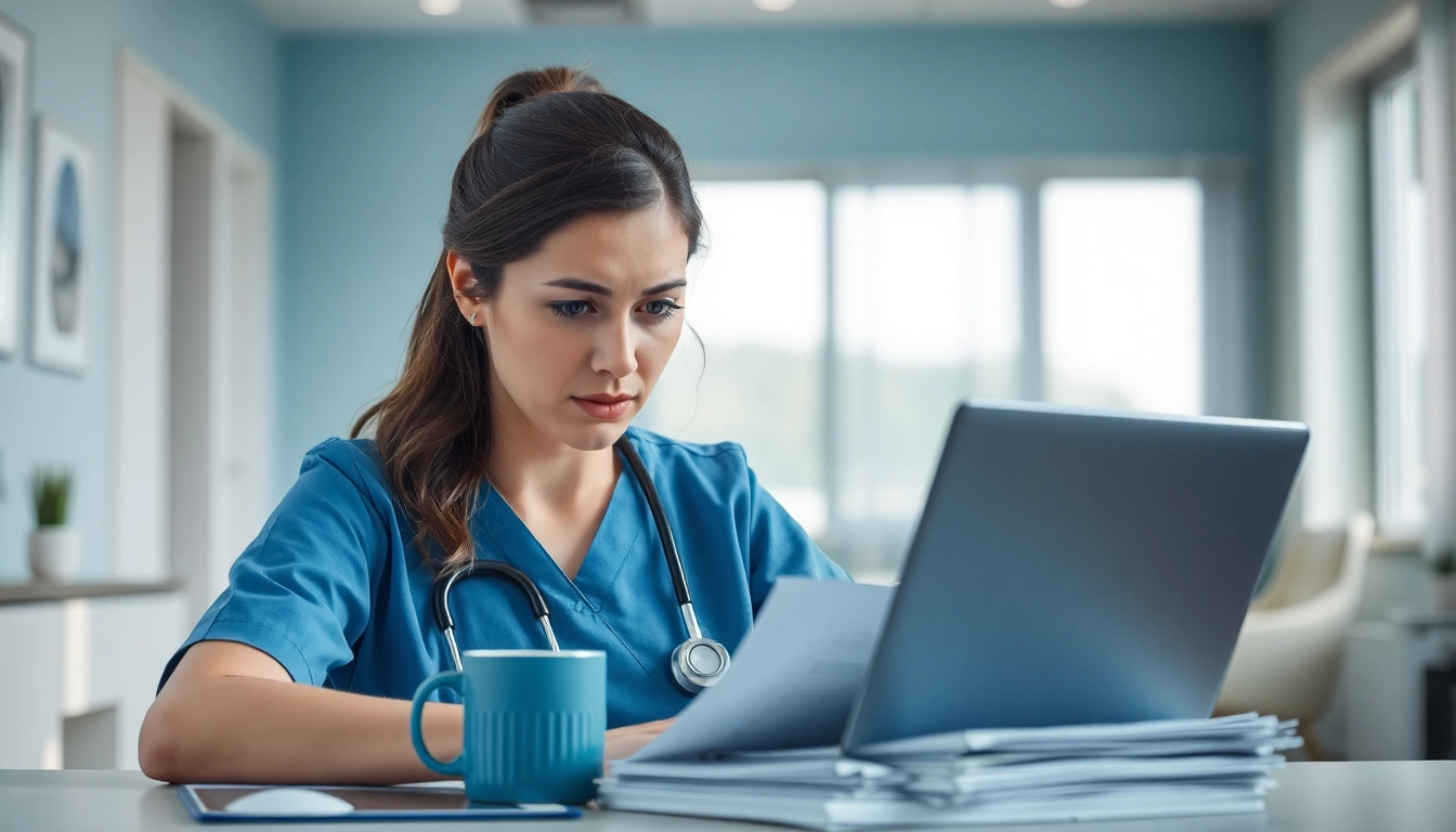Nurse examining documents regarding the VDAP Program, showcasing concern and focus.