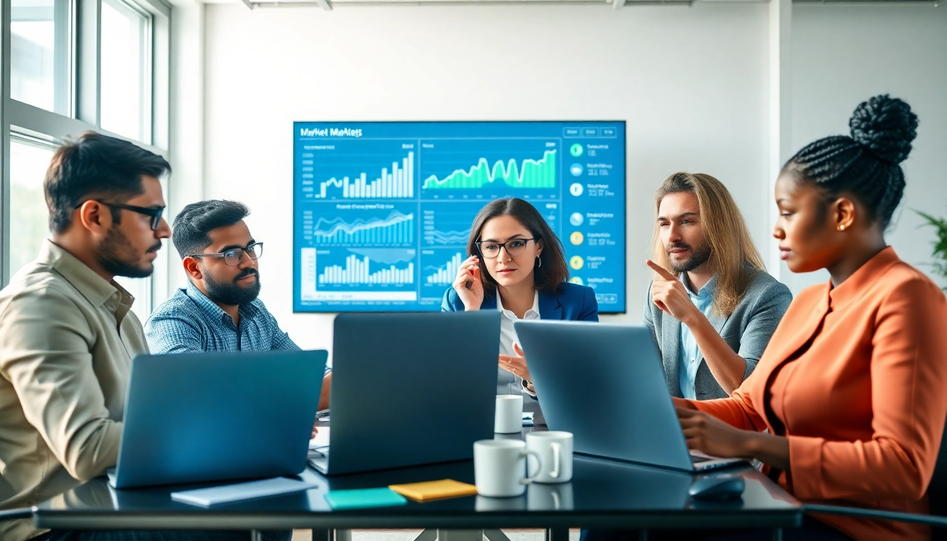 Business team analyzing competitive intelligence data in a bright and focused environment.