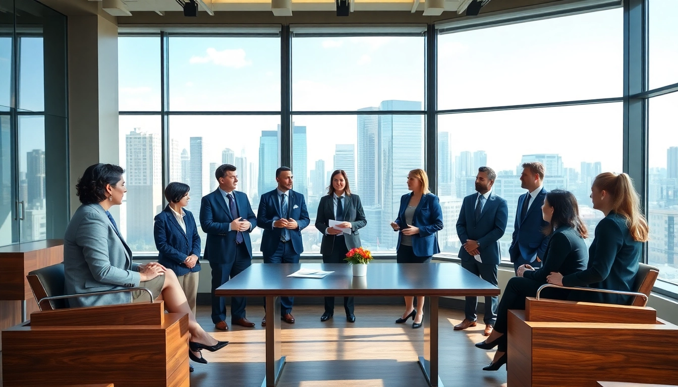 Engaging environmental law firm team discussing sustainable practices in a modern courtroom setting.