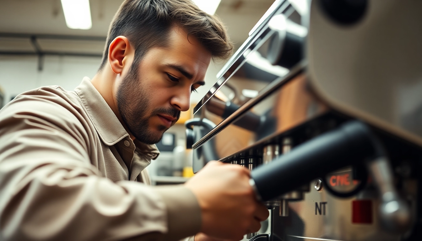 Cimbali service technique illustrated by a technician repairing an espresso machine with precision tools.