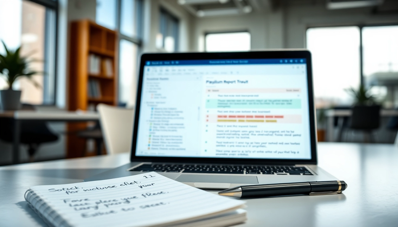 Check plagiarism with a precise plagiarism checker interface on a laptop in a professional office.