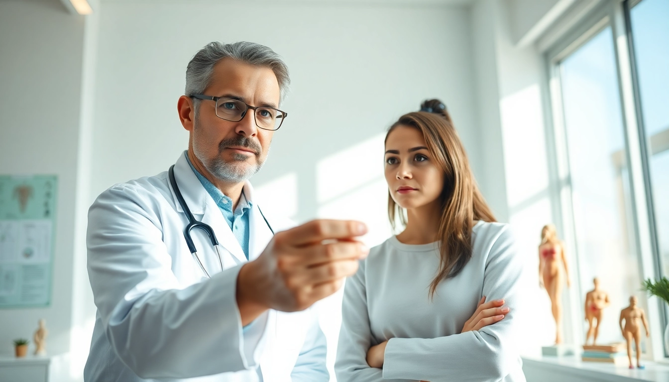 Allergien testen in einer modernen Klinik mit einem besorgten Patienten und einem attraktiven Allergologen.