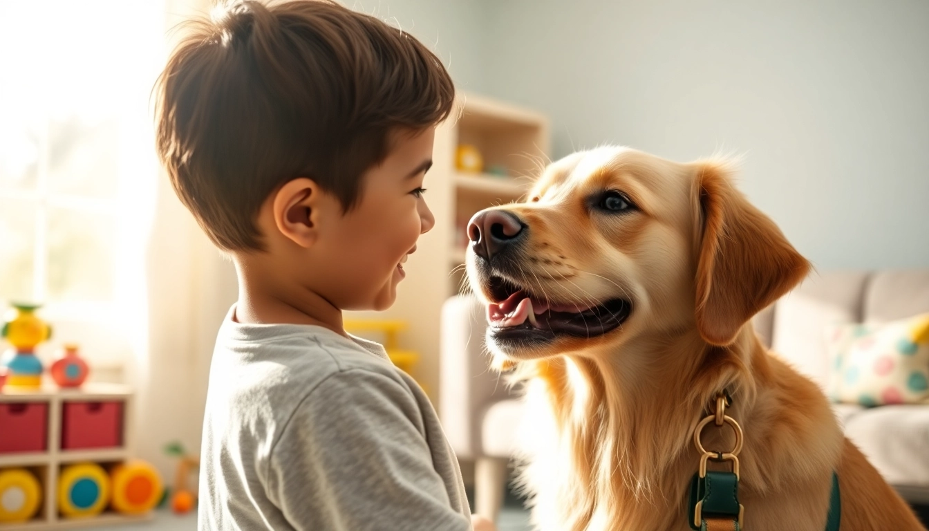 Child interacts joyfully with autism service dog during therapy session, fostering emotional support and connection.