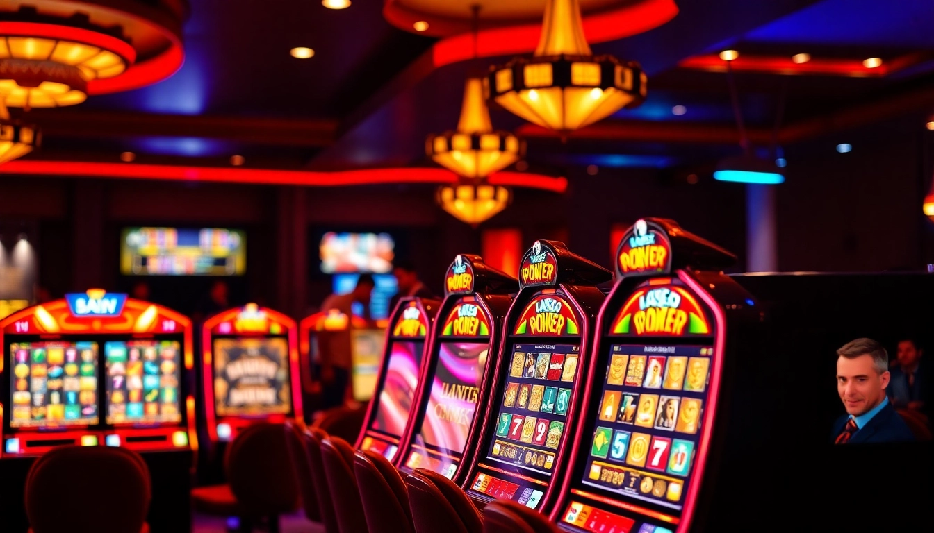 Engage with the vibrant atmosphere of TPower casino featuring lively players at roulette and stunning slot machines.