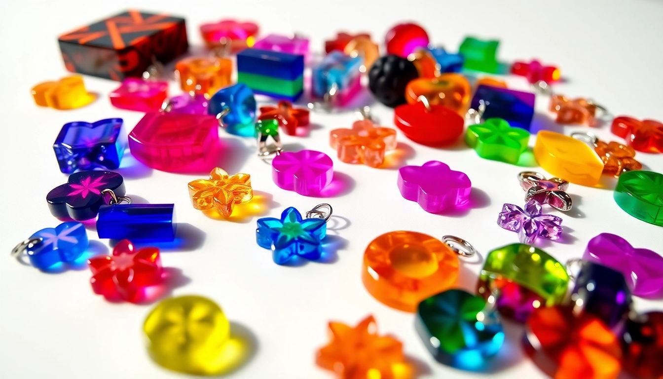 Showcasing unique acrylic charms in various colors and designs on a bright background.