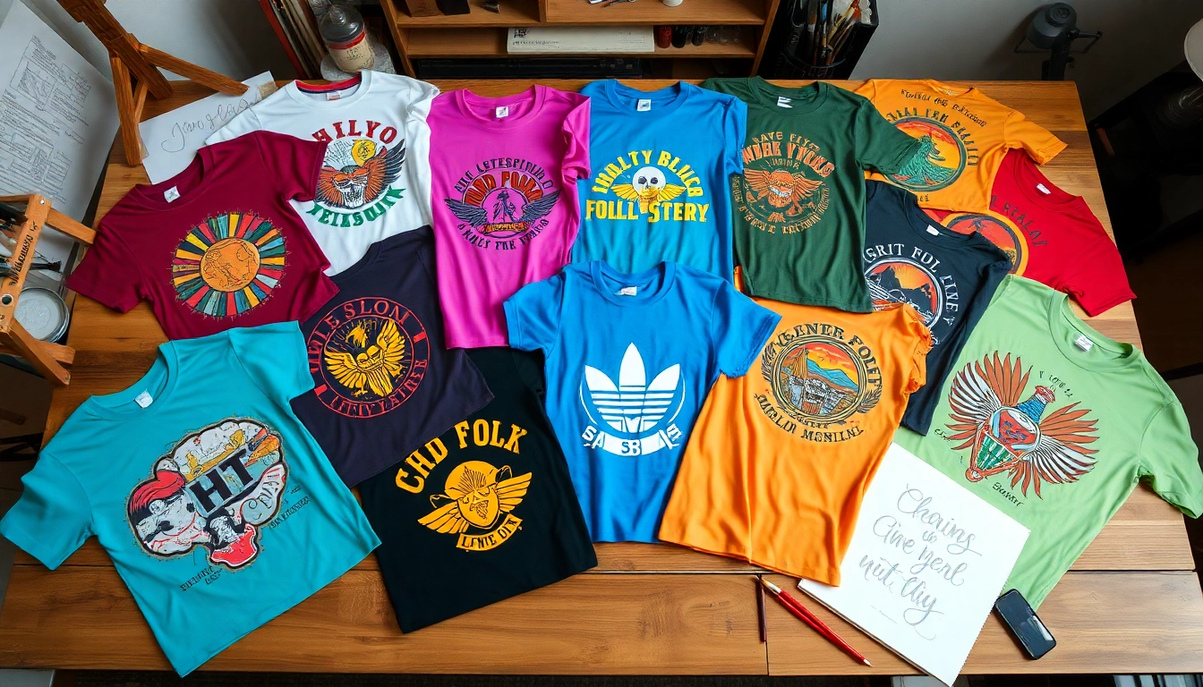 Shop unique Graphic T-shirt designs displayed artistically on a table.