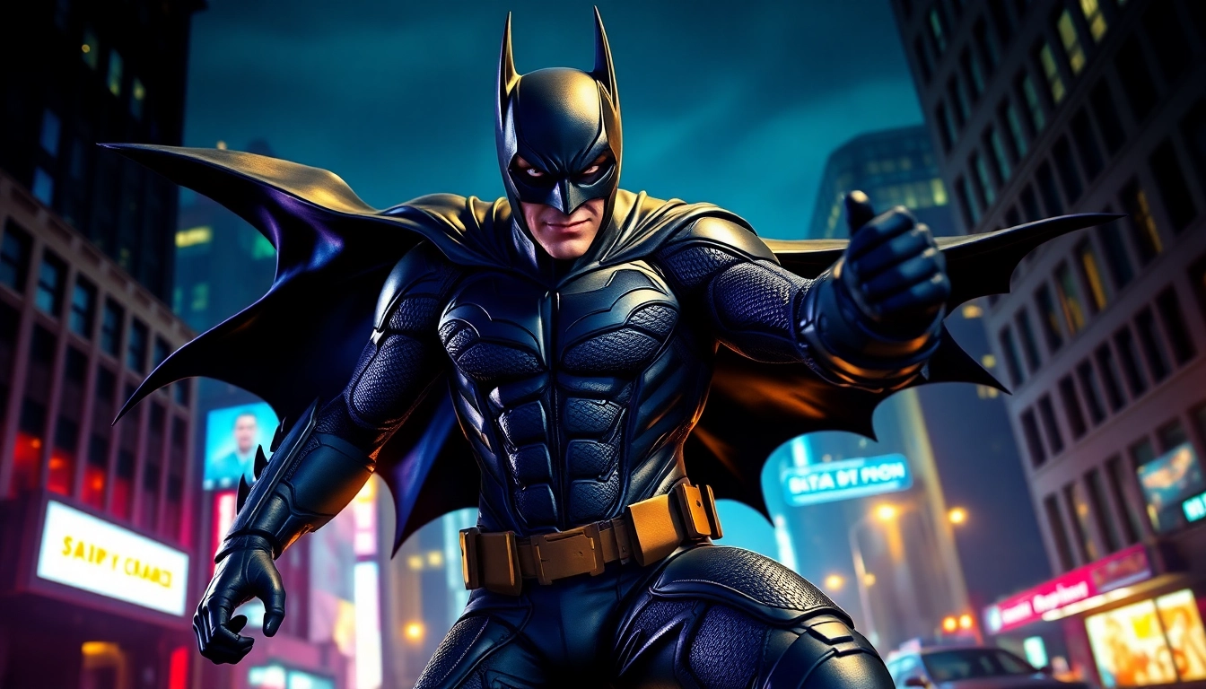 Menampilkan game batman138 dalam aksi, karakter berani di latar belakang Gotham yang dinamis.