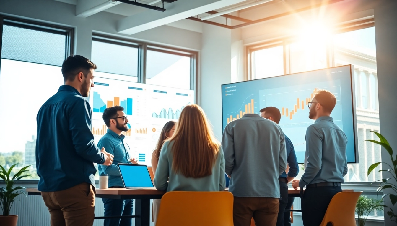 Collaborating professionals at a social media agency discussing strategies in a modern office.
