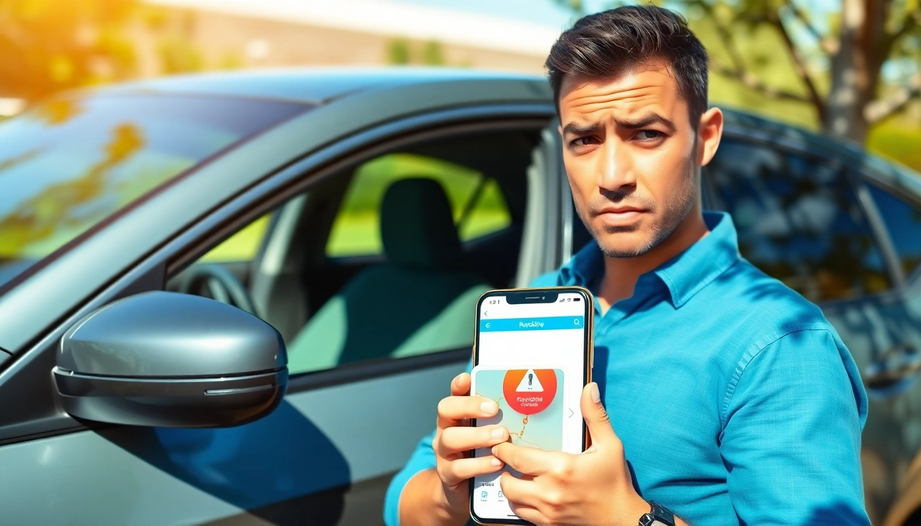 Frustrated driver facing Keys Locked in Car dilemma, holding phone seeking help.