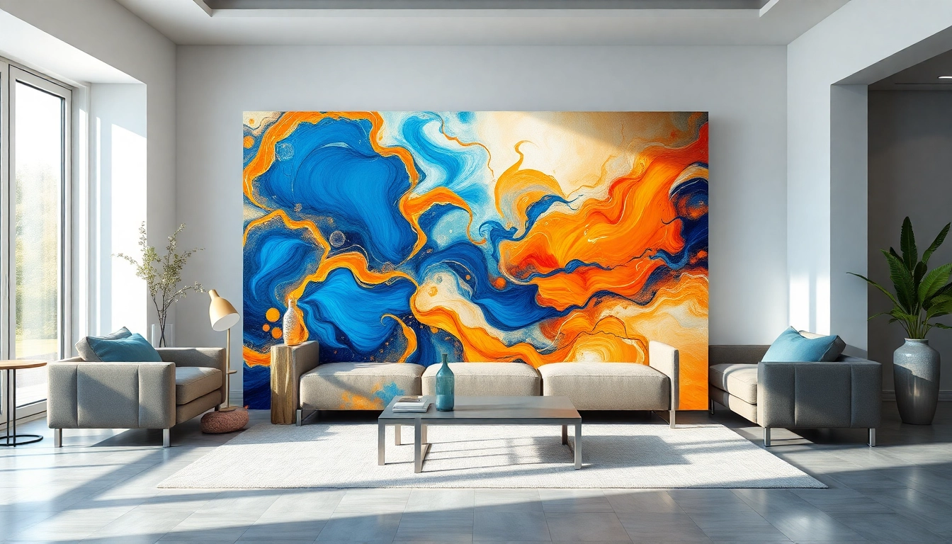 View vibrant abstract paintings art in a contemporary living room, showcasing color and creativity.