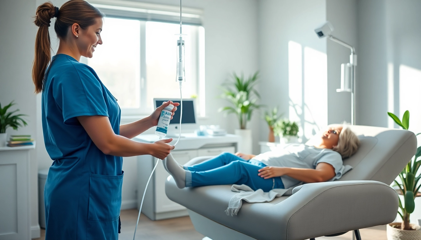 NAD+ IV therapy near me offered by a caring nurse in a calming treatment room.