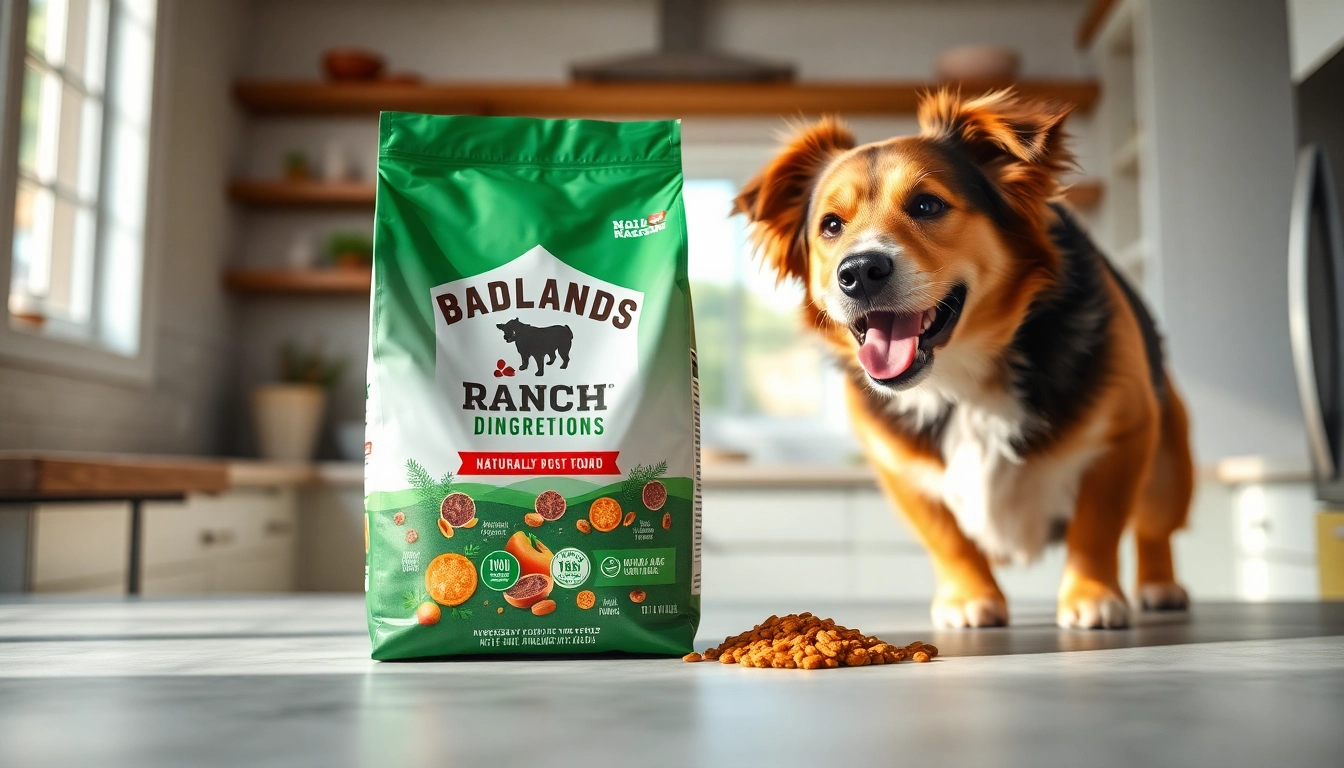 Showcasing badlands ranch dog food in a bright kitchen with a curious dog.