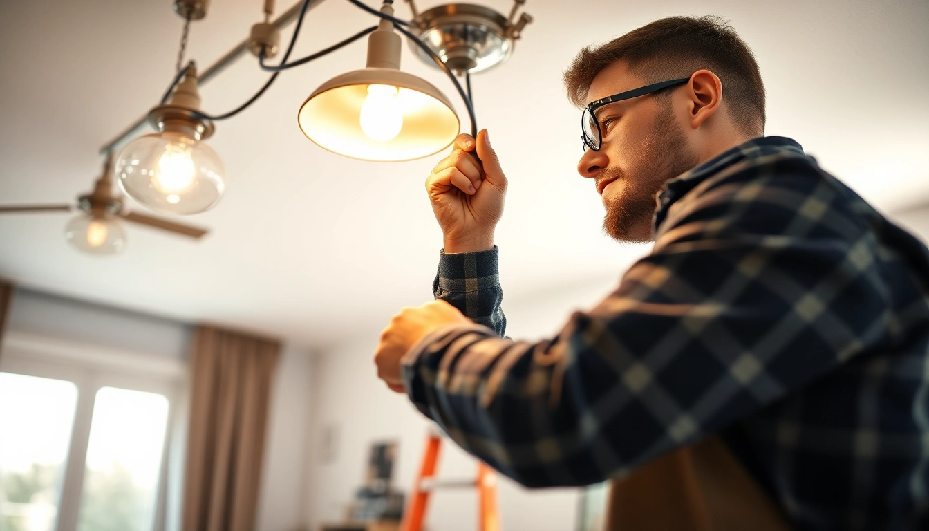 Offering expert Electrical Service, electrician skillfully installing fixtures in a modern home.