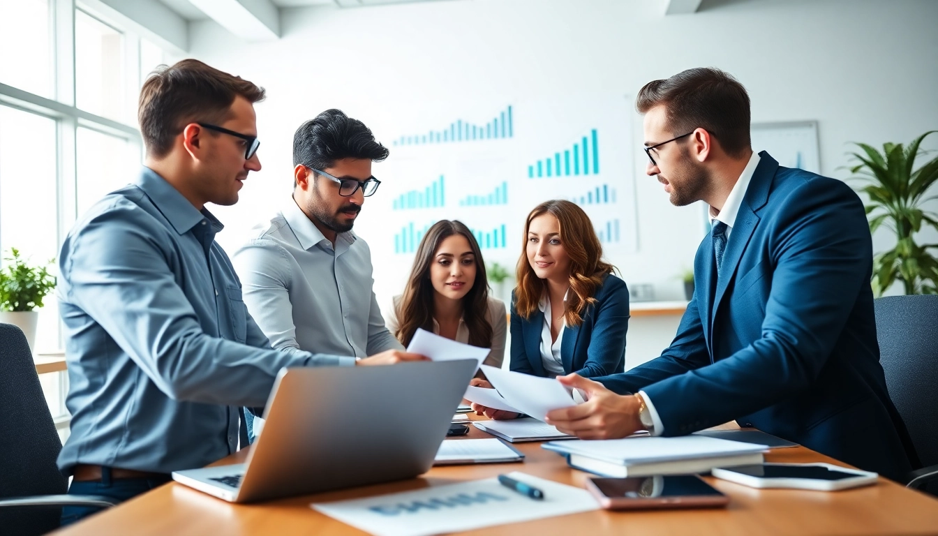 Engaged team using competitive intelligence for sales data in a modern office.