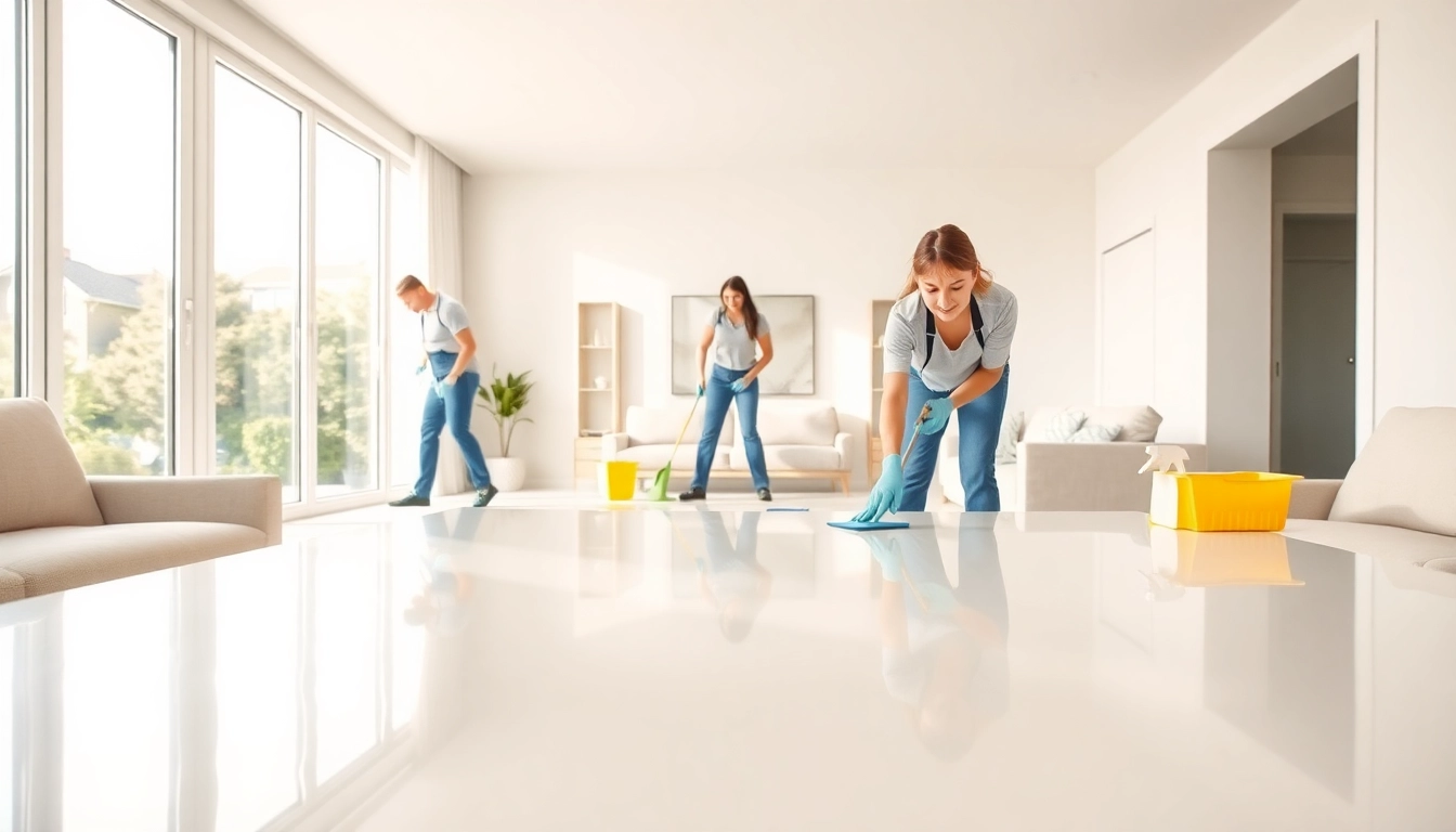 Bond cleaning Brisbane featuring professionals cleaning a bright living room with sparkling surfaces.