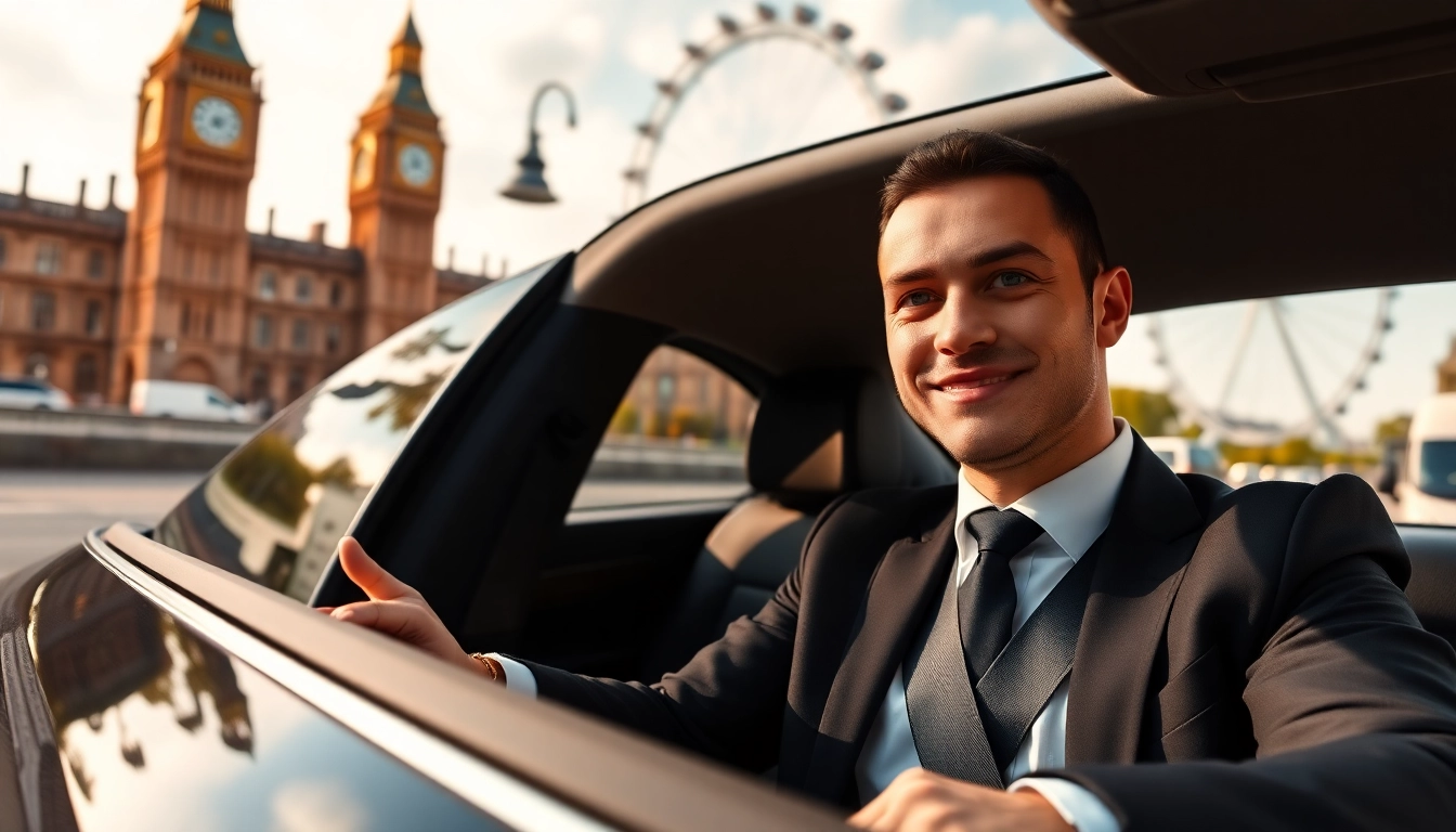 Experience luxury with chauffeur service london as a professional chauffeur welcomes you in a black car.