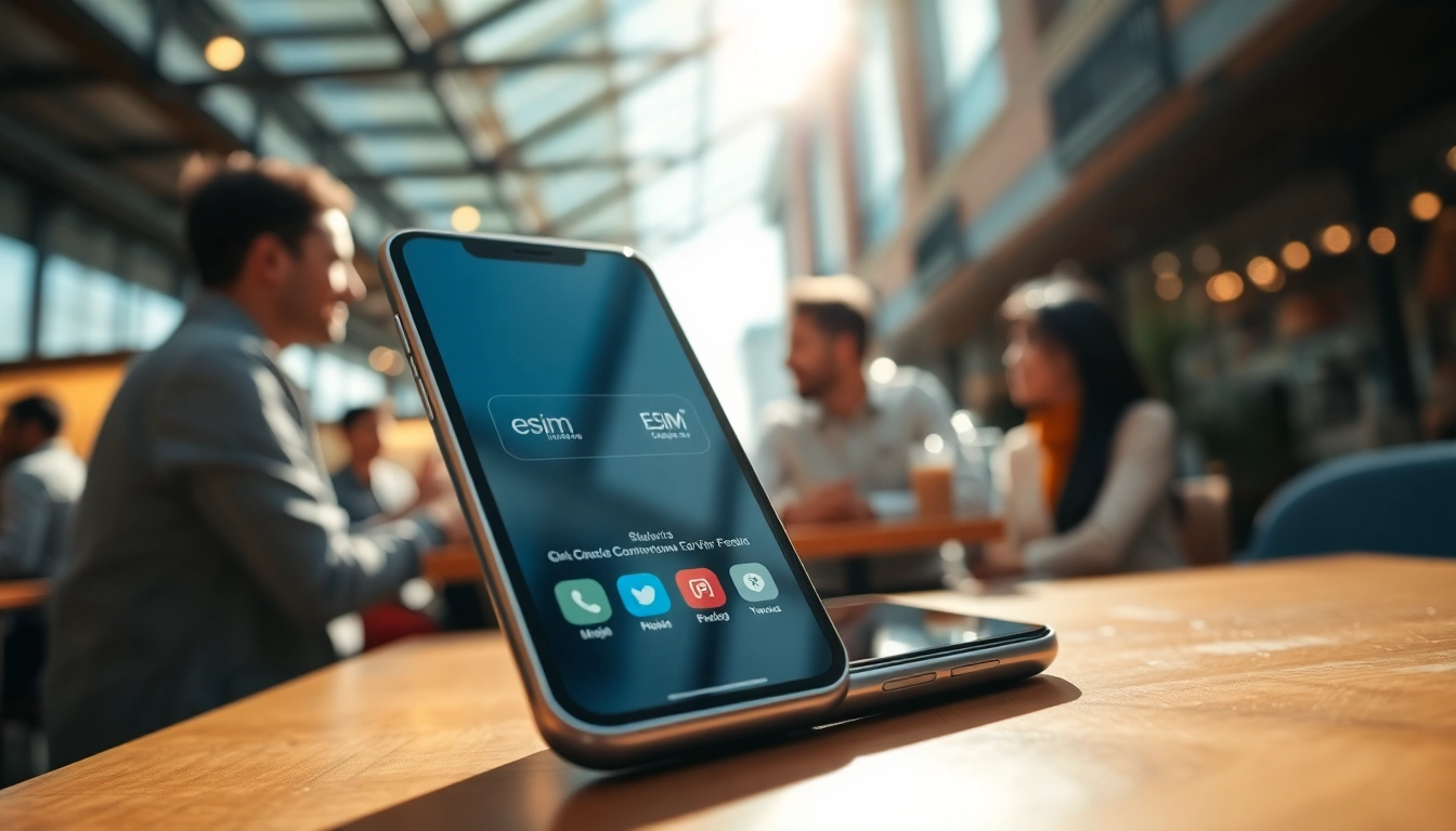 Scoprire il mondo dell'esim attraverso uno smartphone in un caffè moderno.