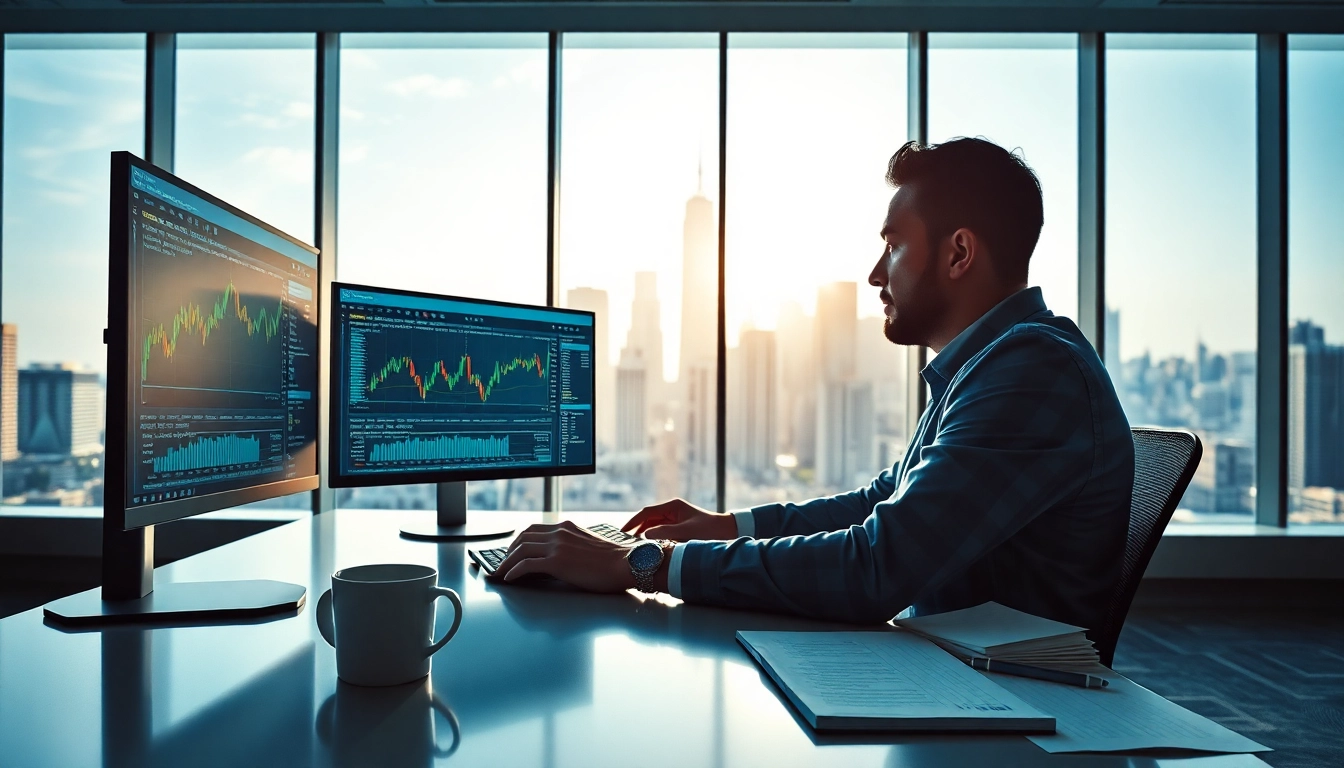 Trader analyzing market trends for elite trading in a modern office setting.