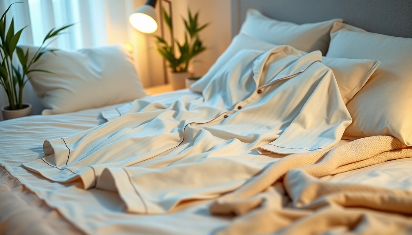 Showcase Bamboo pajamas on a cozy bed, highlighting softness and serenity.