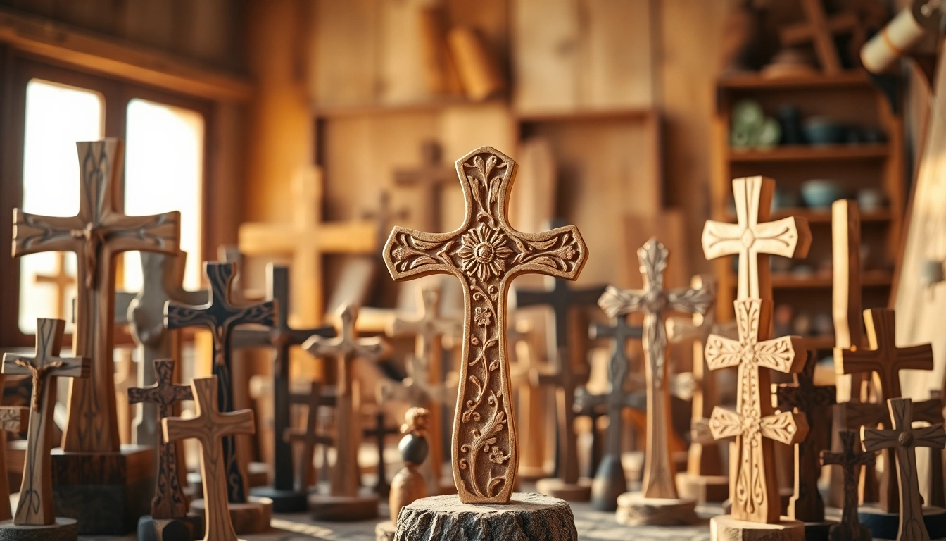 Admiring a selection of unique handmade crosses crafted from olive wood.