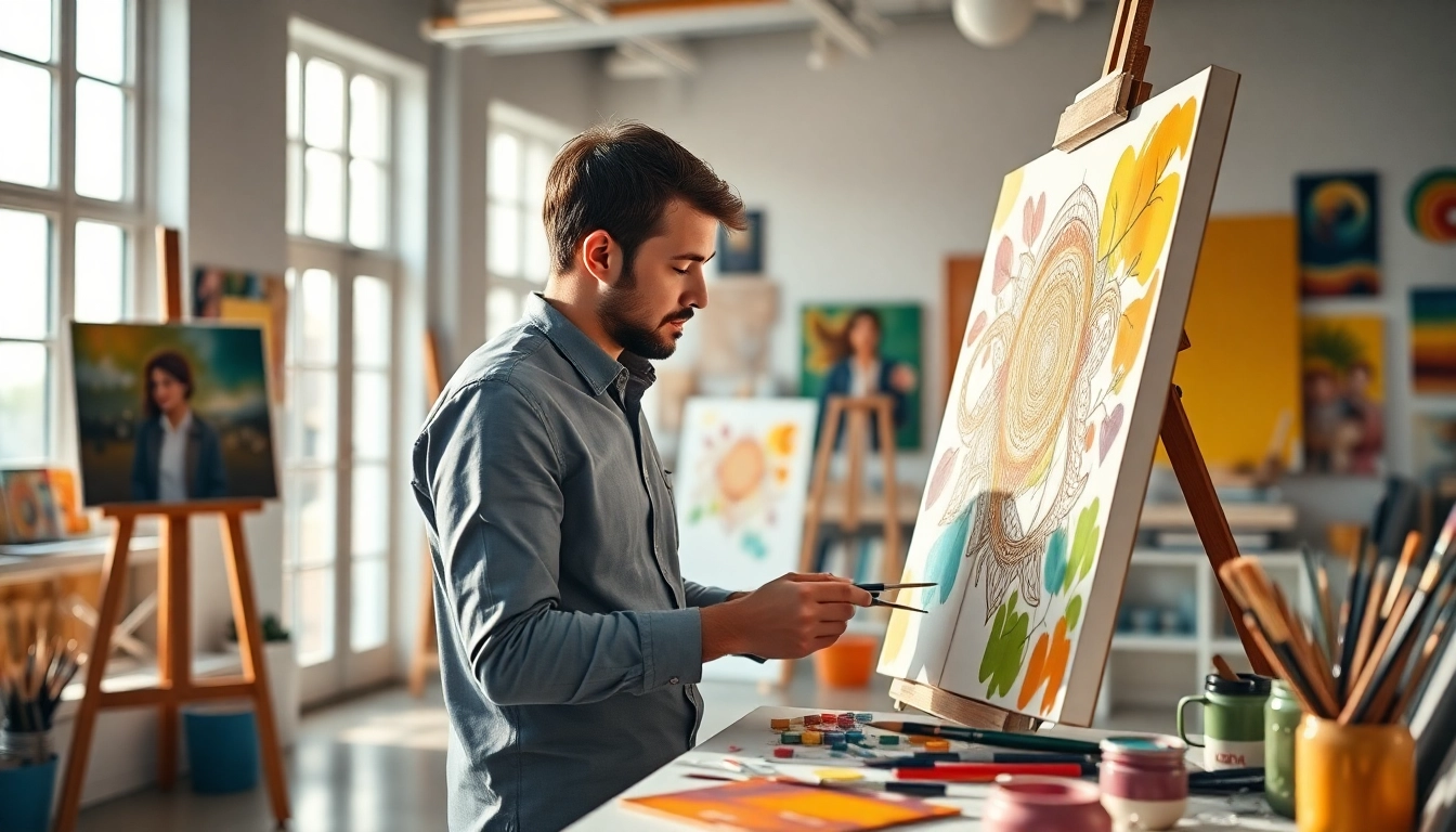 Creëer een kunstwerk op canvas met felle kleuren en een inspirerende werkomgeving.