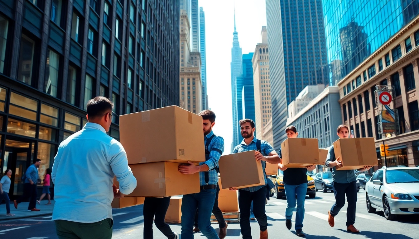 Moving company nyc professionals transporting boxes in bustling New York City.