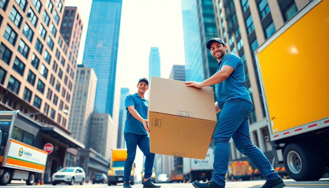 Professional movers lifting boxes in NYC, highlighting the Best movers nyc services with a vibrant city backdrop.