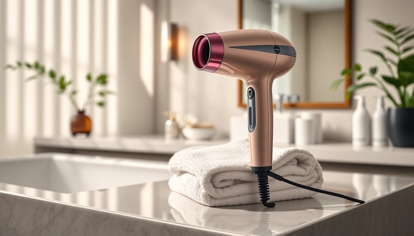 Styling hair with a lightweight hair dryer in a modern bathroom setting.