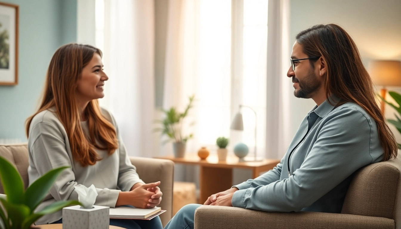Engaging psychotherapy dubai session between therapist and client in a serene office setting.