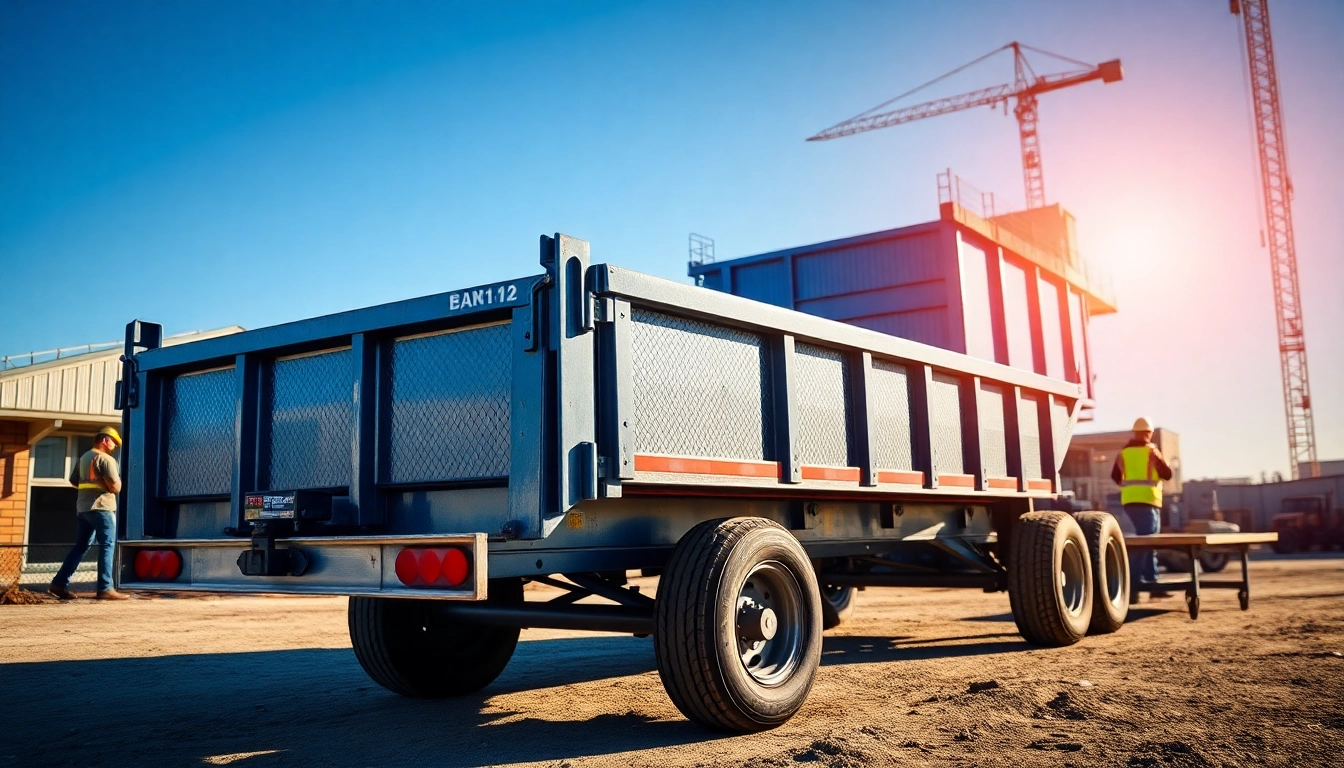 View of a used dump trailer for sale near me in an industrial setting, showcasing its robust features.