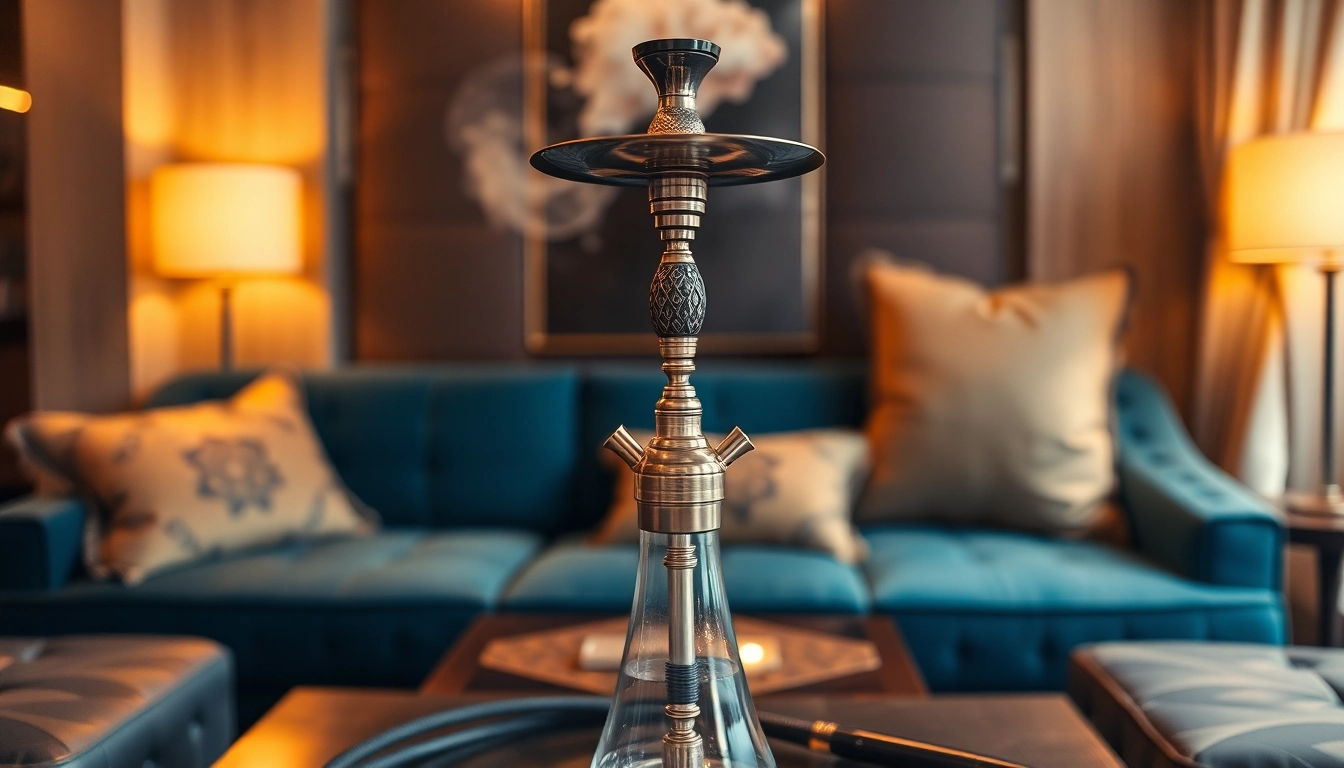Enjoying high quality hookah arranged in a luxurious lounge with rich colors and warm lighting.