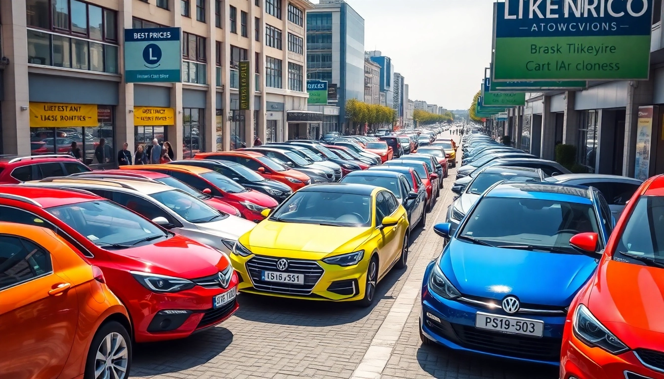 Skup aut Katowice - dynamic car dealership with diverse vehicles and busy urban atmosphere.