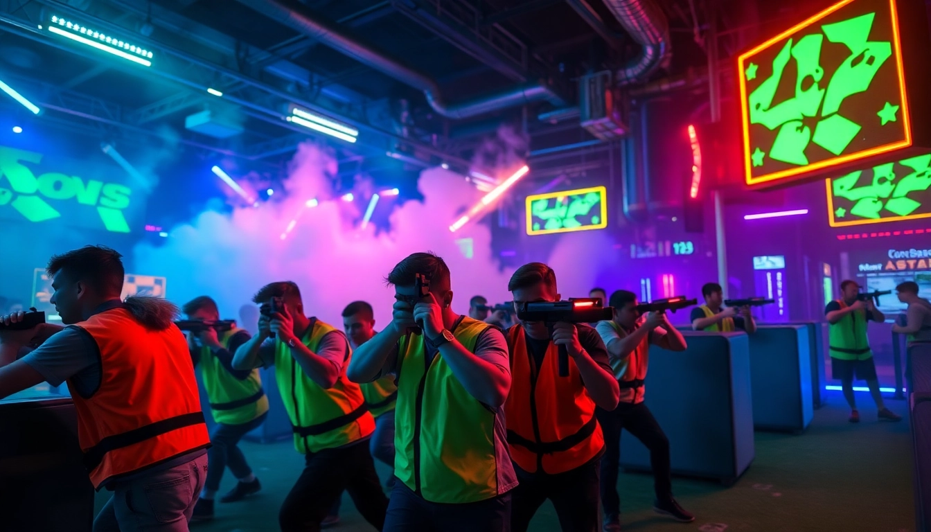 Players in colorful gear experiencing an exciting laser tag battle in a vibrant arena.