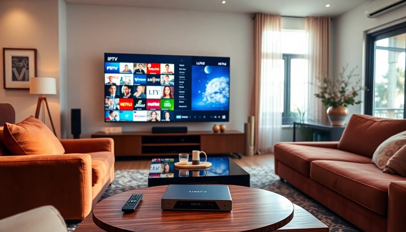 Comprar IPTV desde un cómodo entorno moderno con un televisor 4K mostrando canales vibrantes.