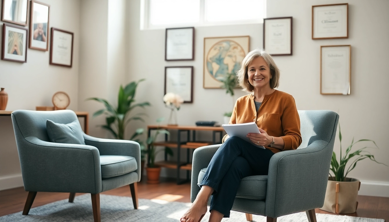 Engaging attachment theory coach in a soothing office, ready to support clients.