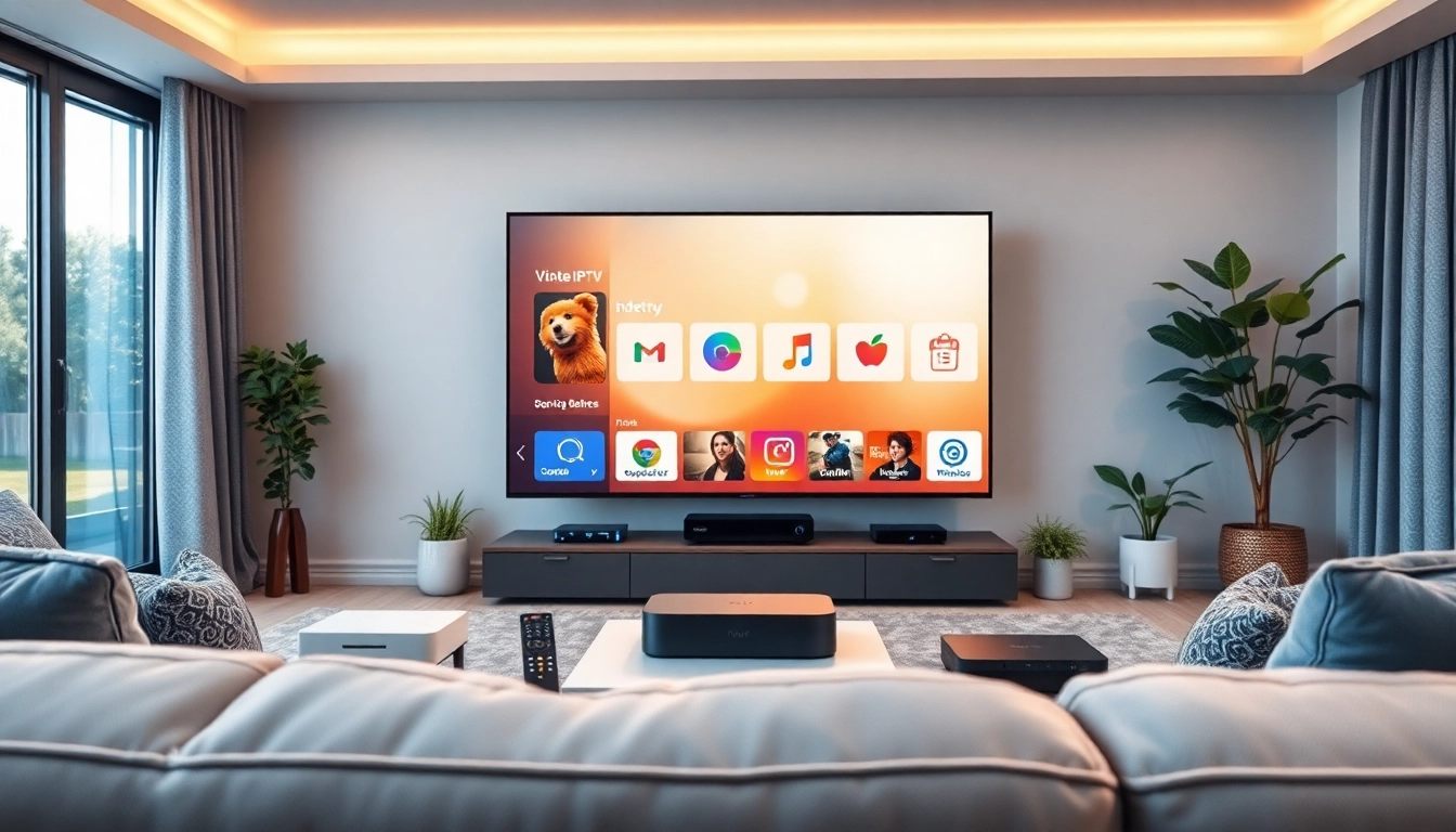 Showcase of IPTV subscription options on various devices in a modern living room.