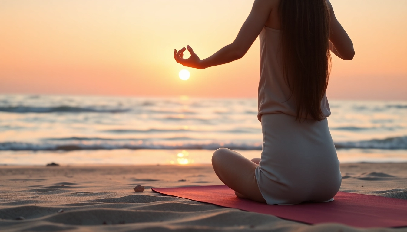 Practicing yoga on the beach as part of dealing with anxiety strategies.