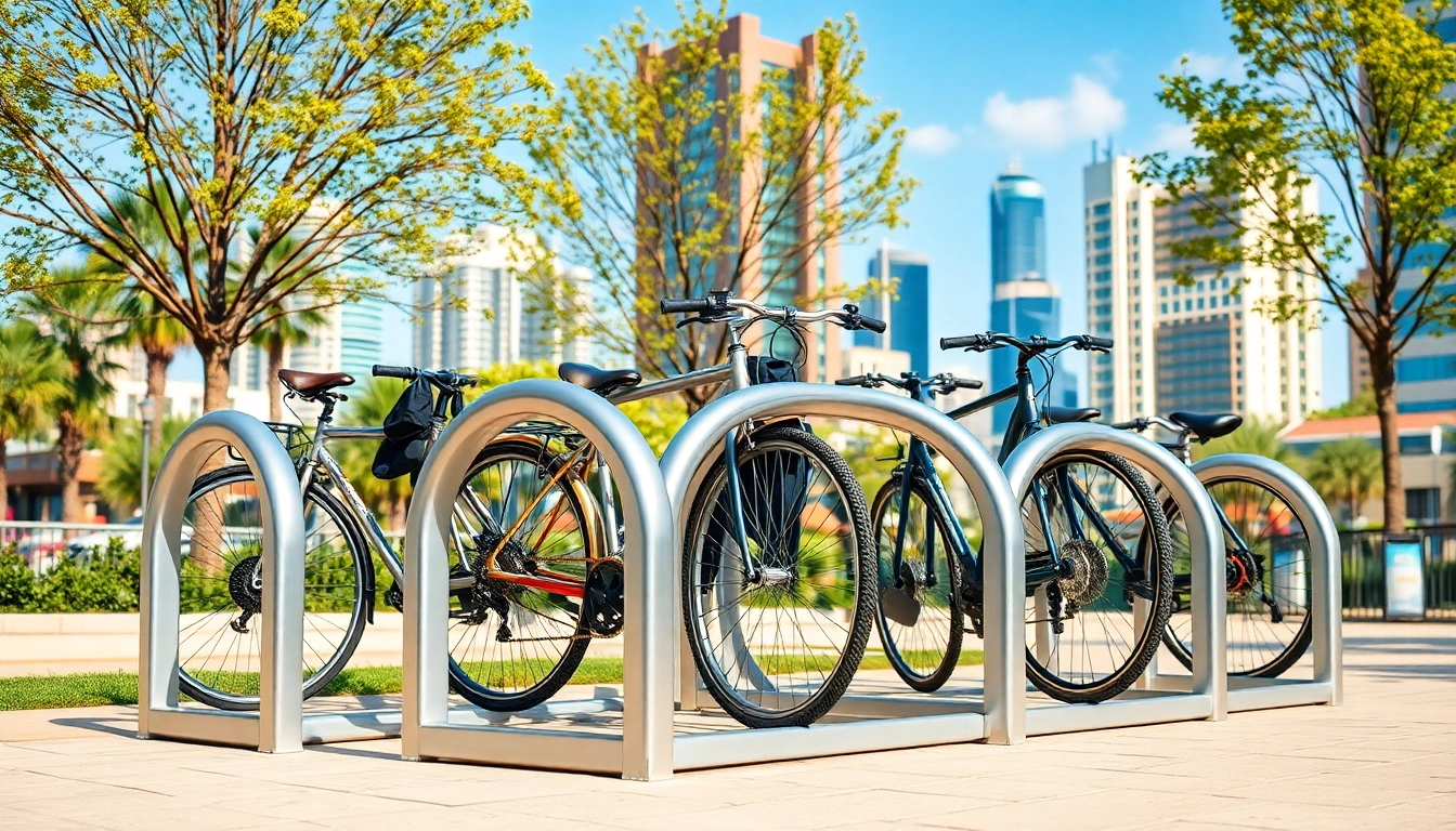 Showcasing a Modern bike rack with secured bikes in a vibrant urban scenery.