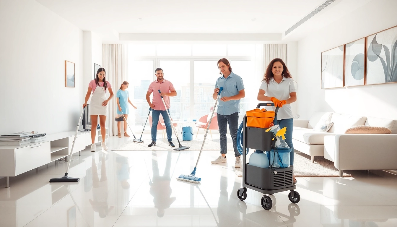Bond cleaning team efficiently revitalizing a living room with spotless surfaces and organized spaces.