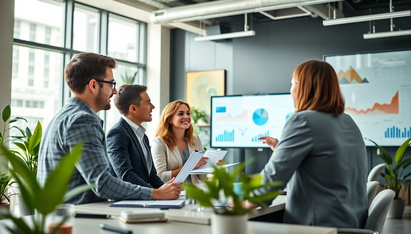 Engaging team discussing Business Consulting Solutions in a modern office environment.